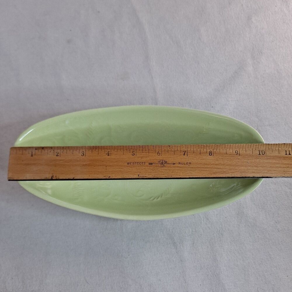 Vintage HULL Pottery Console Footed Bowl Green USA I-18 Glazed Leaf Pattern - Picture 9 of 10